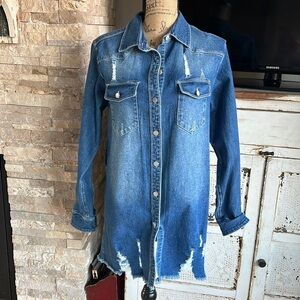 Love Tree Denim long sleeve button down distressed raw hem tunic shirt